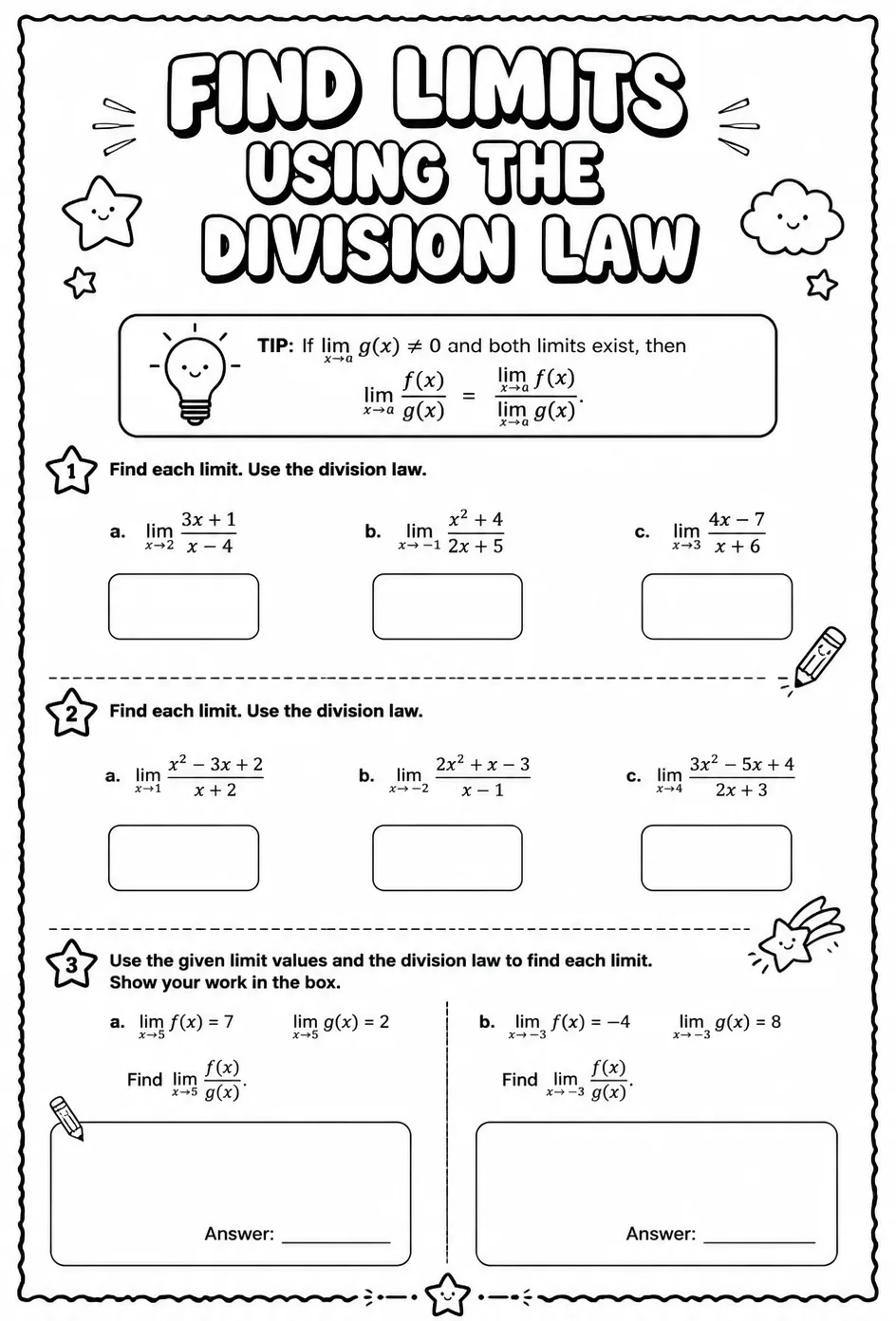 Find limits using the division law — free printable Precalculus math worksheet