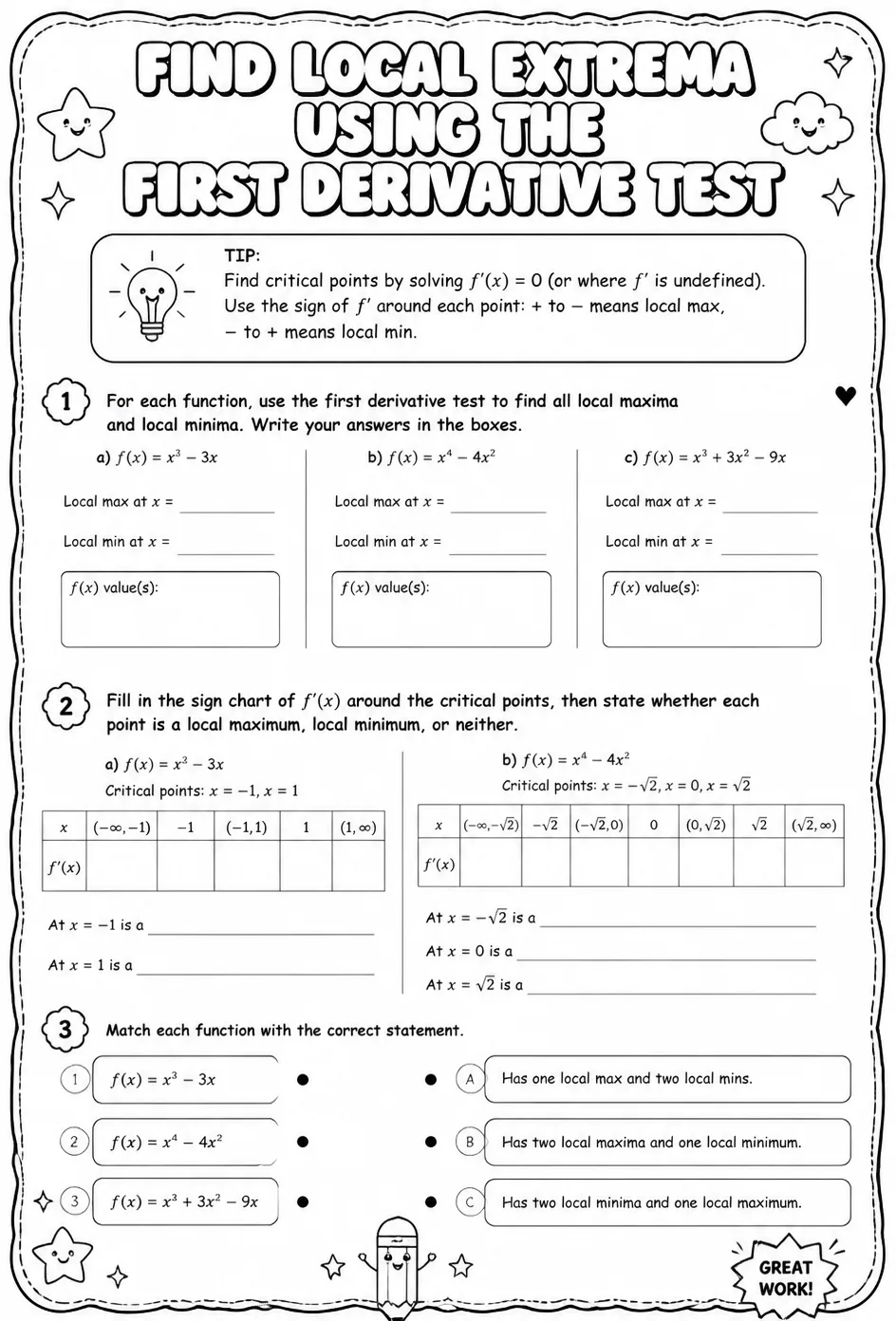 Find local extrema using the first derivative test — free printable Calculus math worksheet