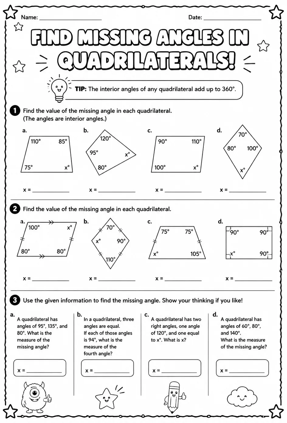 Find missing angles in quadrilaterals — free printable Grade 6 math worksheet