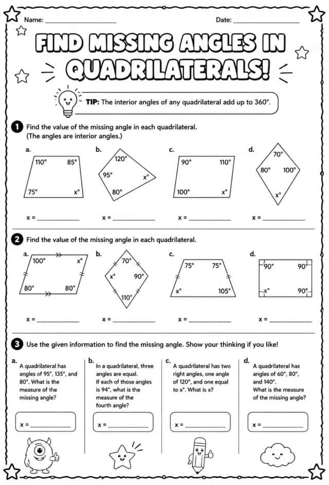 Find missing angles in quadrilaterals
