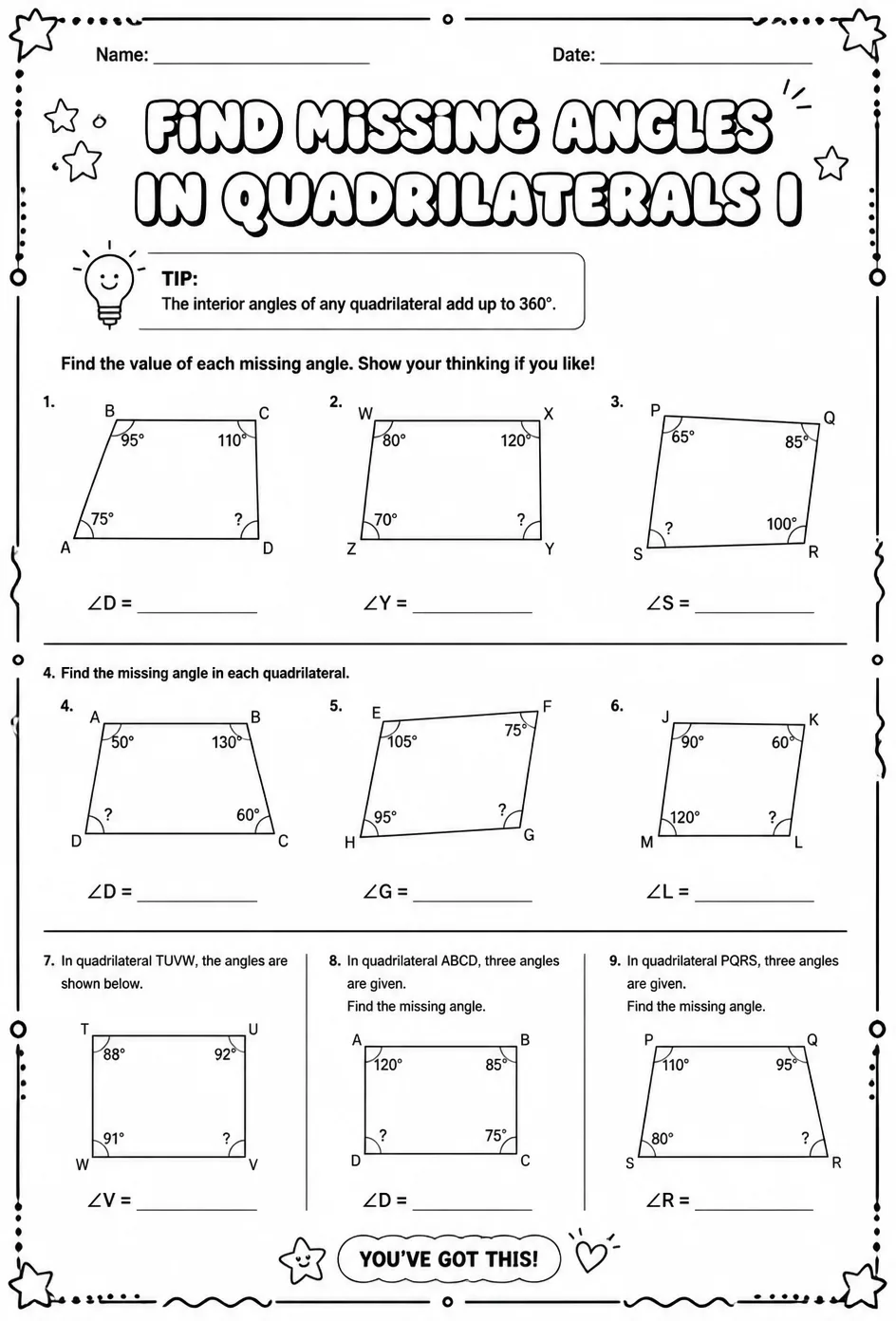 Find missing angles in quadrilaterals I — free printable Grade 7 math worksheet