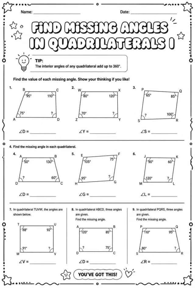 Find missing angles in quadrilaterals I