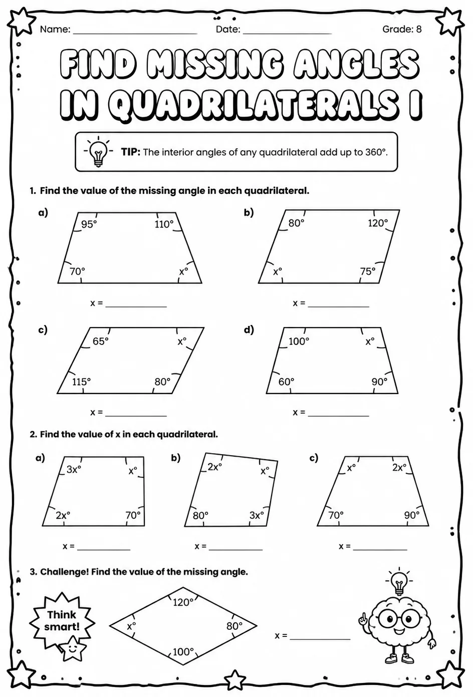 Find missing angles in quadrilaterals I — free printable Grade 8 math worksheet