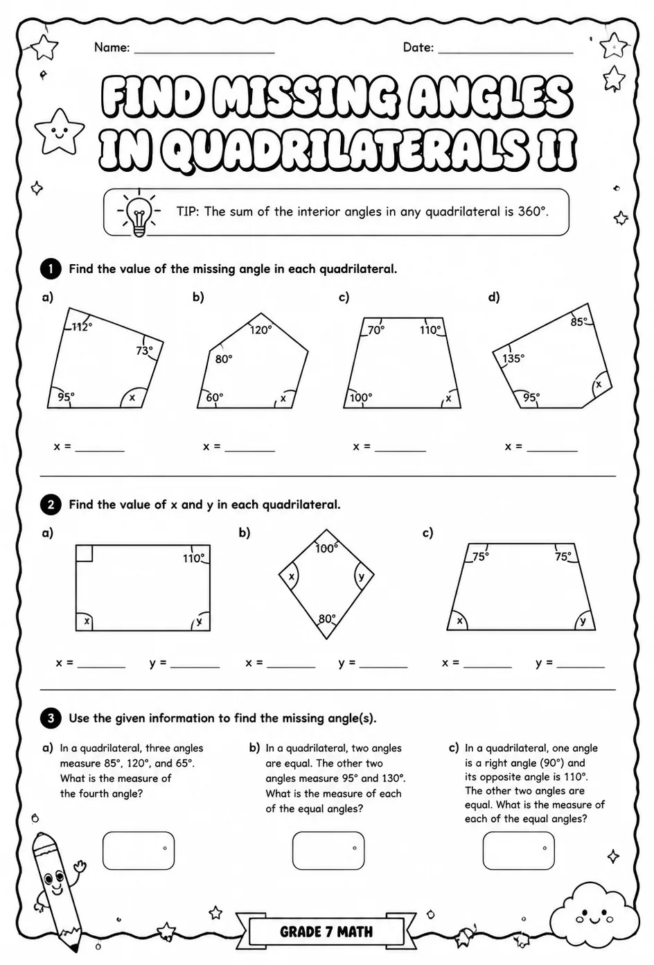Find missing angles in quadrilaterals II — free printable Grade 7 math worksheet