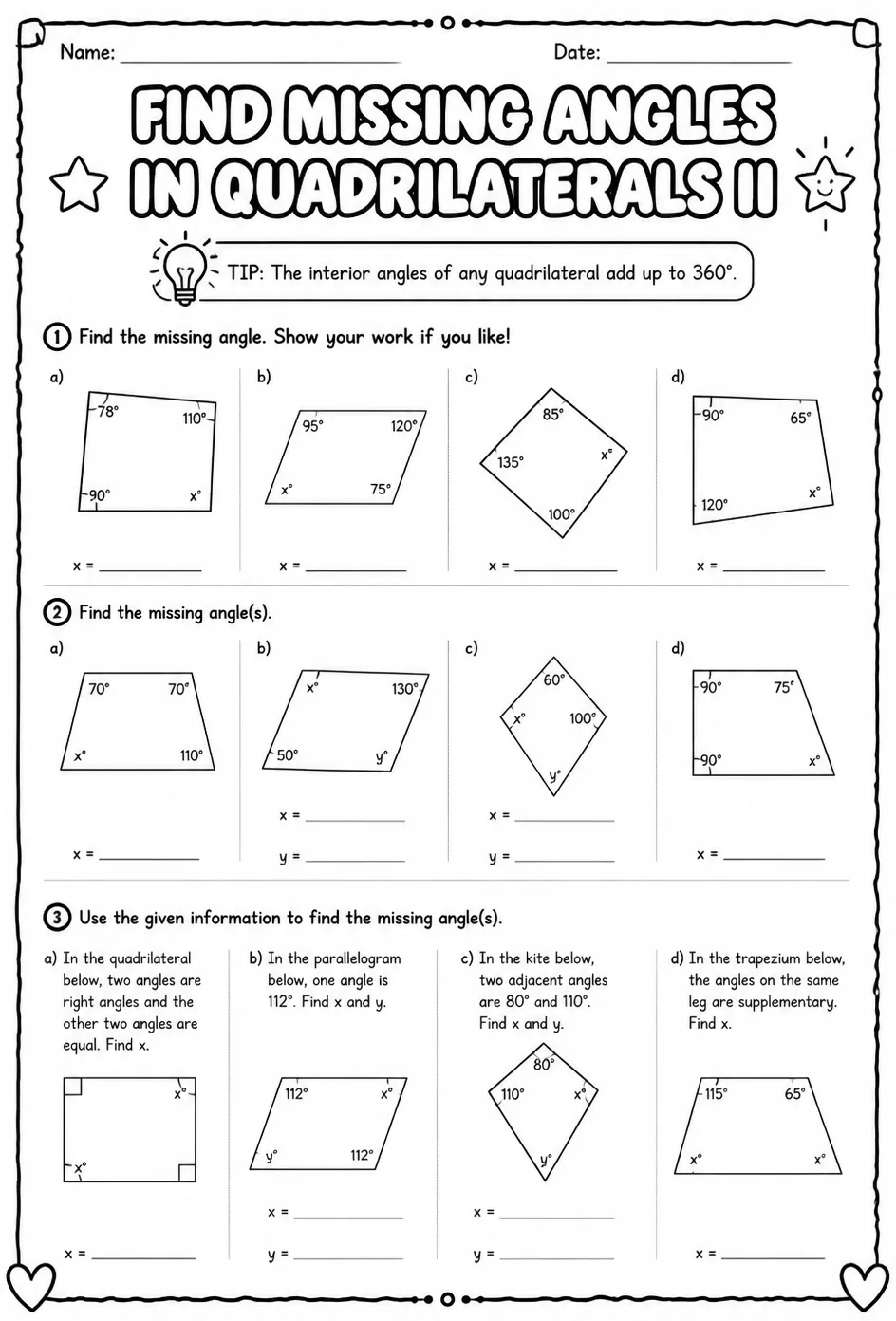 Find missing angles in quadrilaterals II — free printable Grade 8 math worksheet
