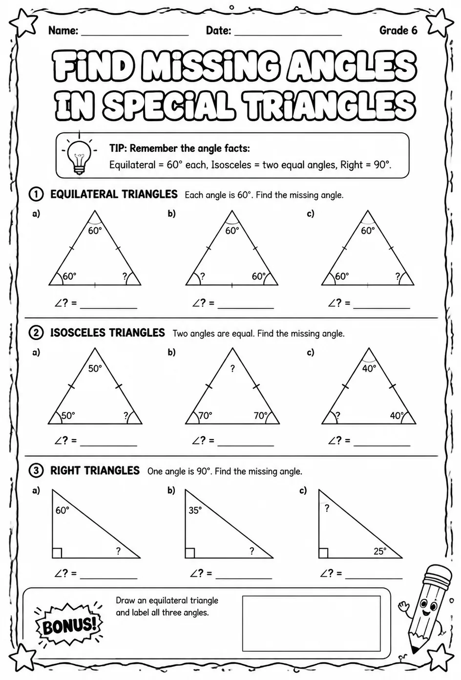 Find missing angles in special triangles — free printable Grade 6 math worksheet