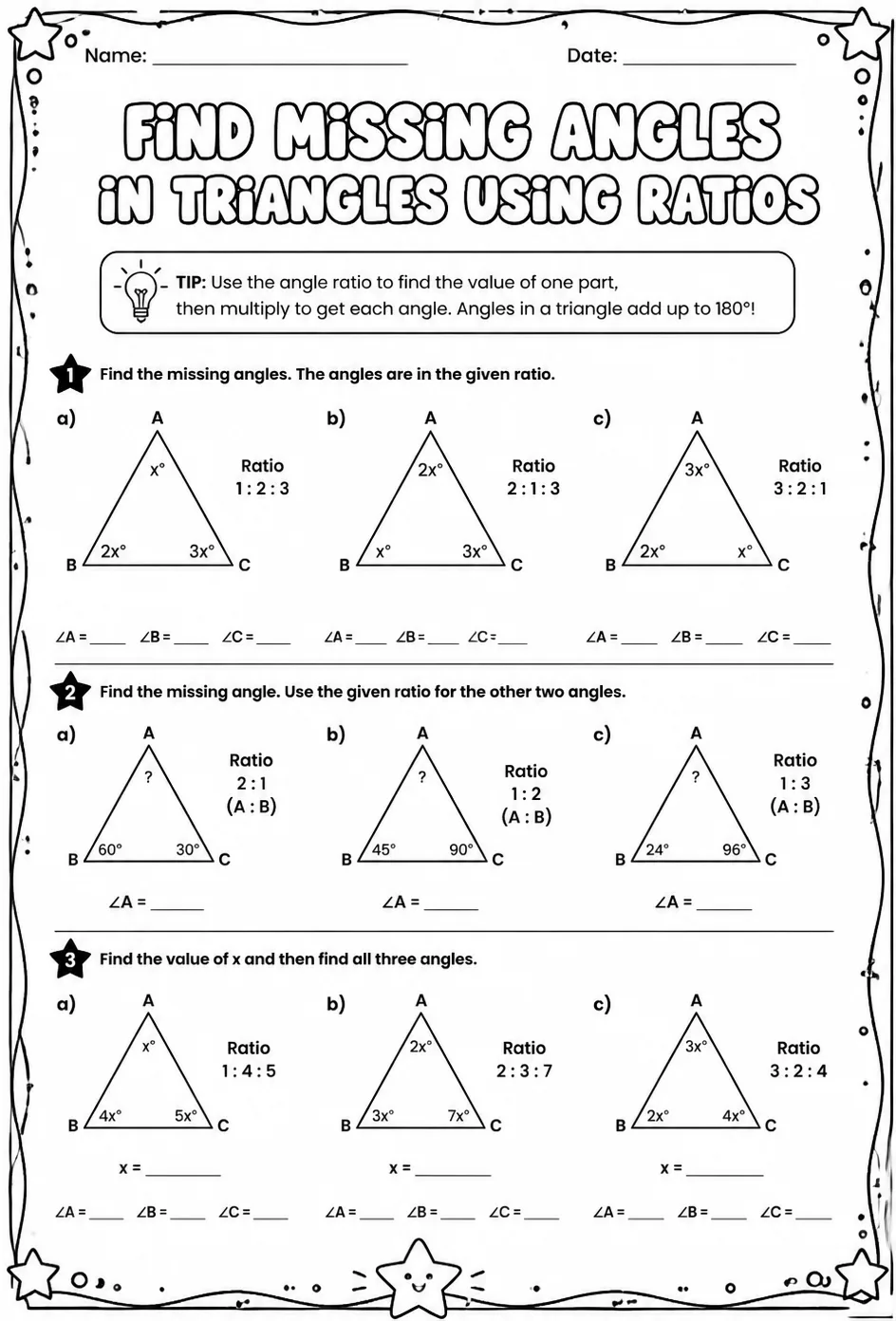 Find missing angles in triangles using ratios — free printable Grade 7 math worksheet