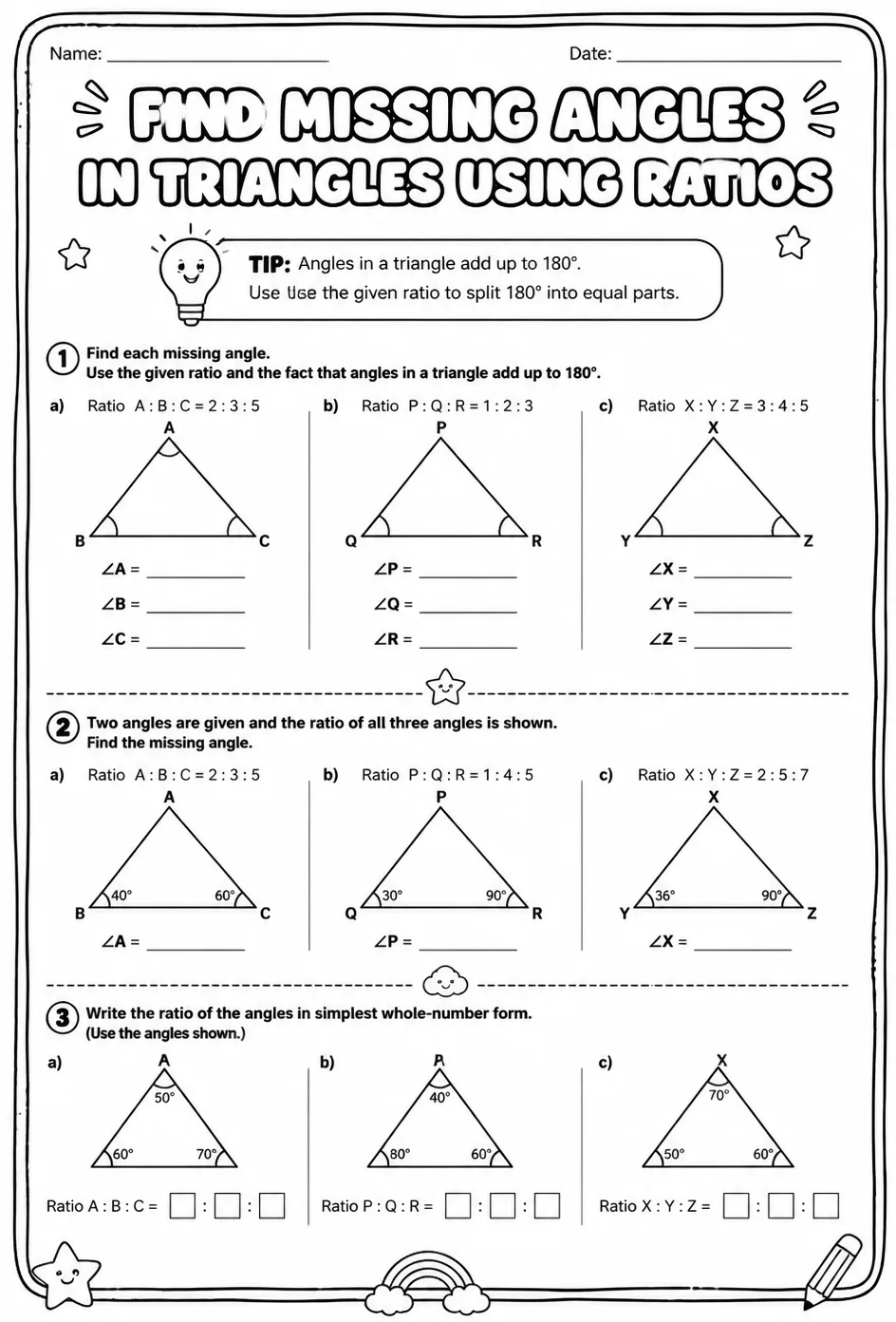 Find missing angles in triangles using ratios — free printable Grade 8 math worksheet