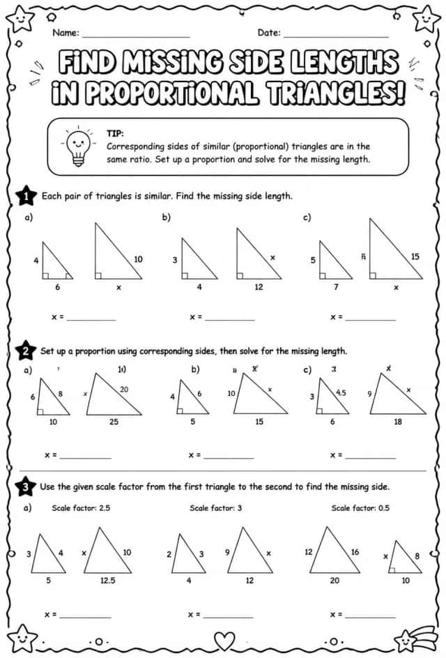 Find missing side lengths in proportional triangles