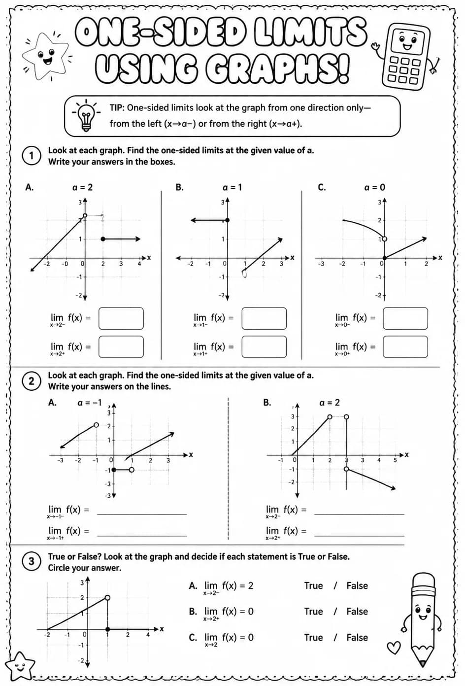 Find one-sided limits using graphs — free printable Calculus math worksheet
