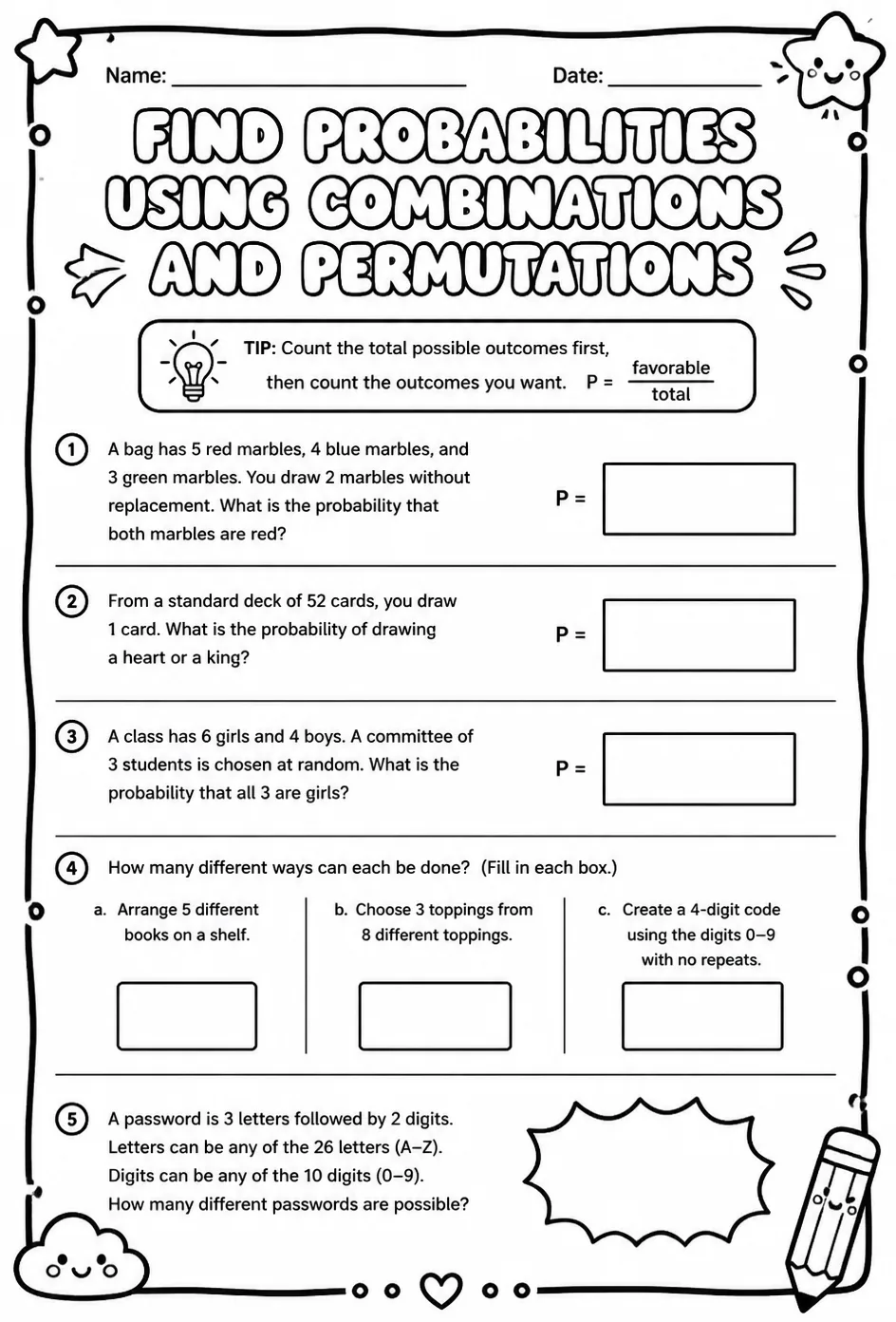 Find probabilities using combinations and permutations — free printable Algebra 2 math worksheet