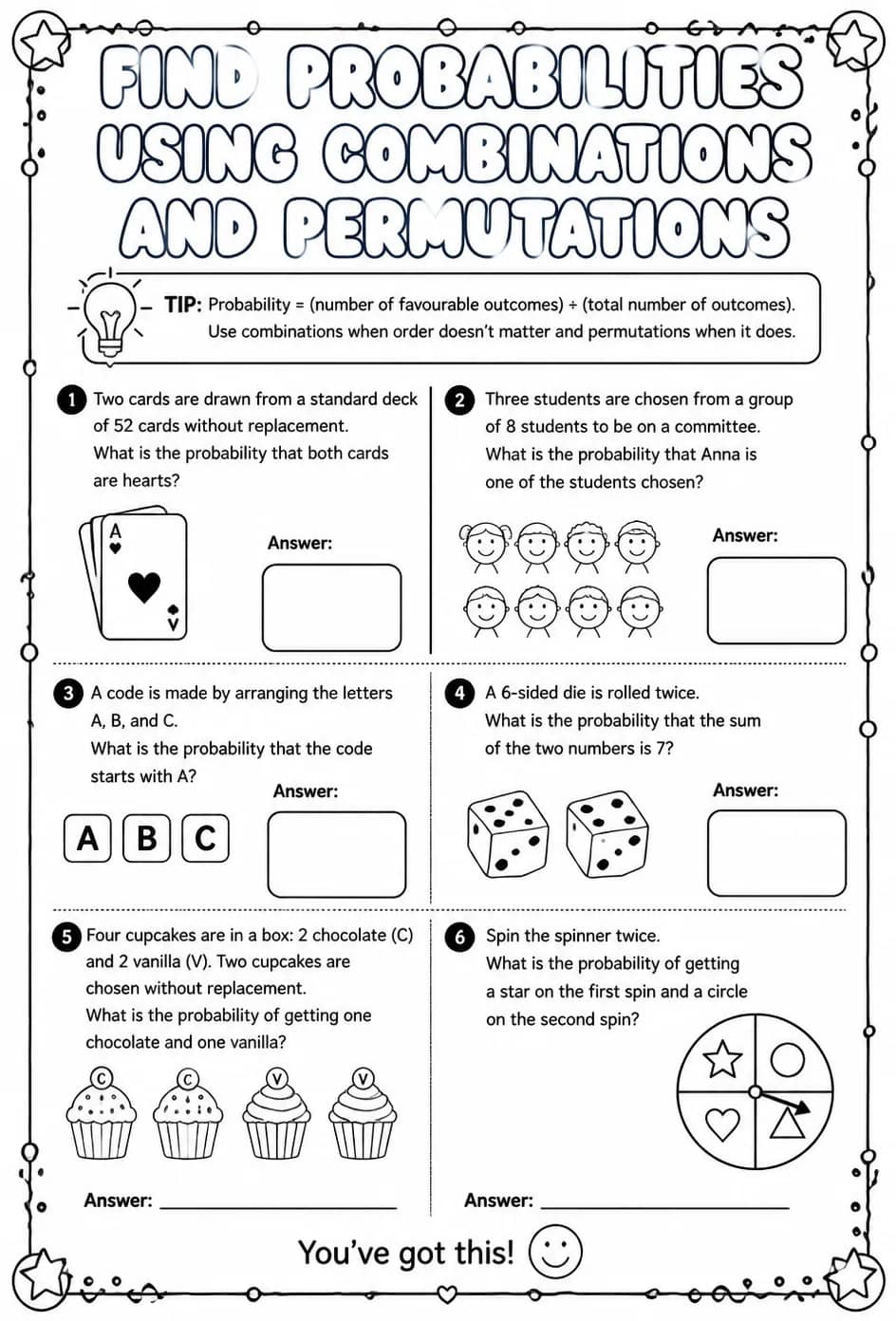 Find probabilities using combinations and permutations — free printable Geometry math worksheet