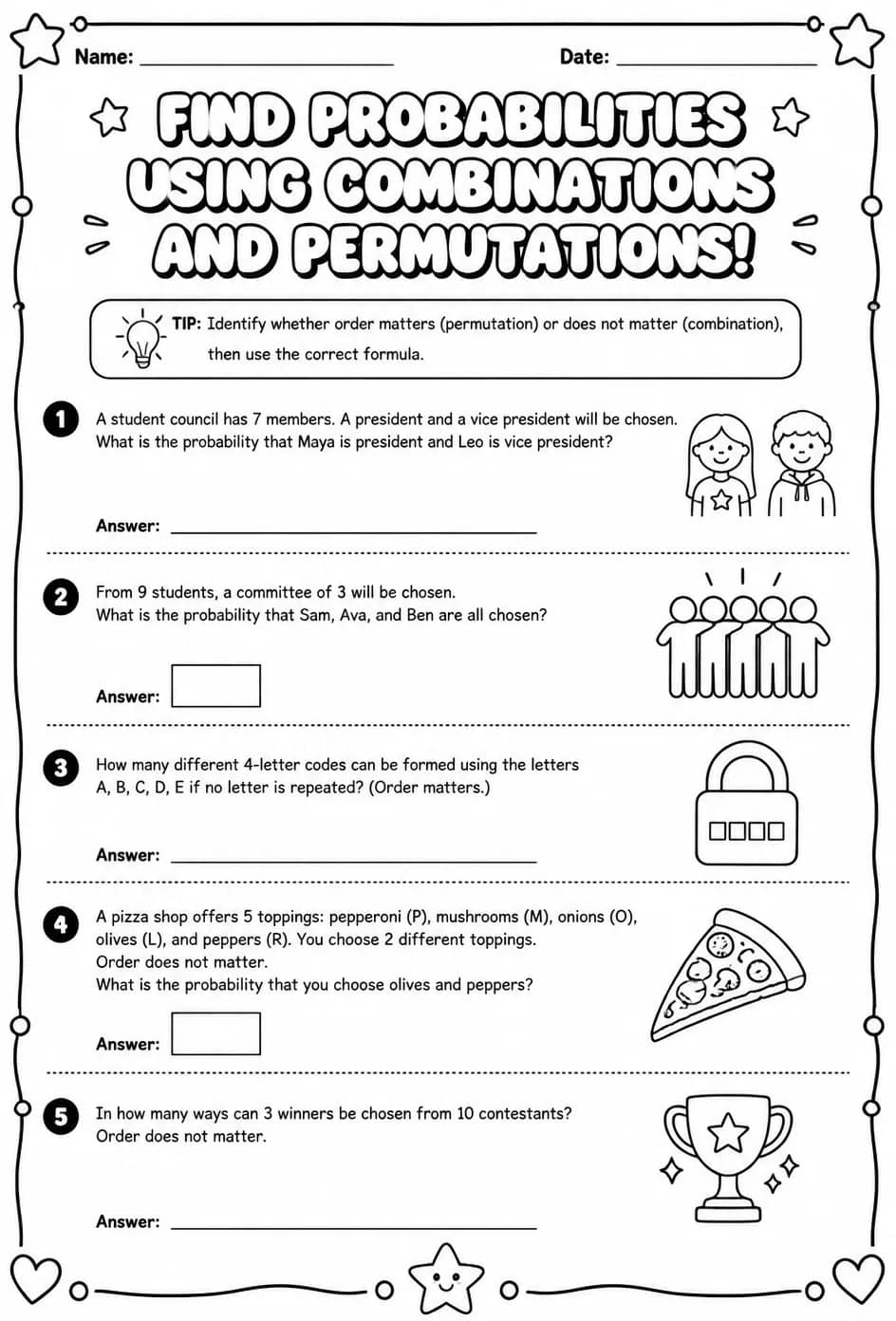 Find probabilities using combinations and permutations — free printable Precalculus math worksheet