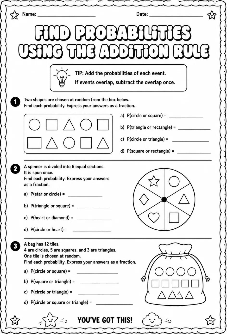Find probabilities using the addition rule — free printable Geometry math worksheet