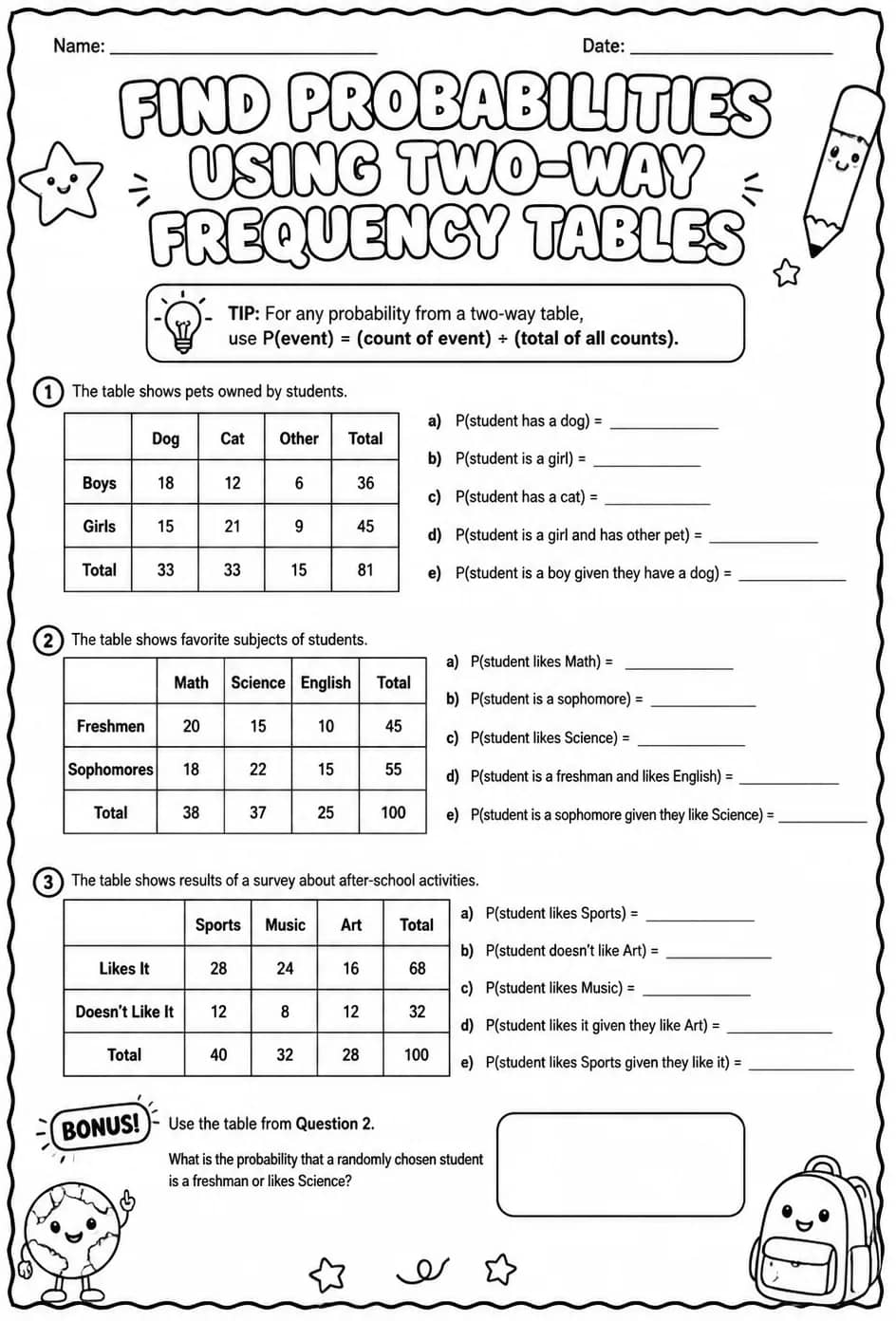 Find probabilities using two-way frequency tables — free printable Algebra 1 math worksheet