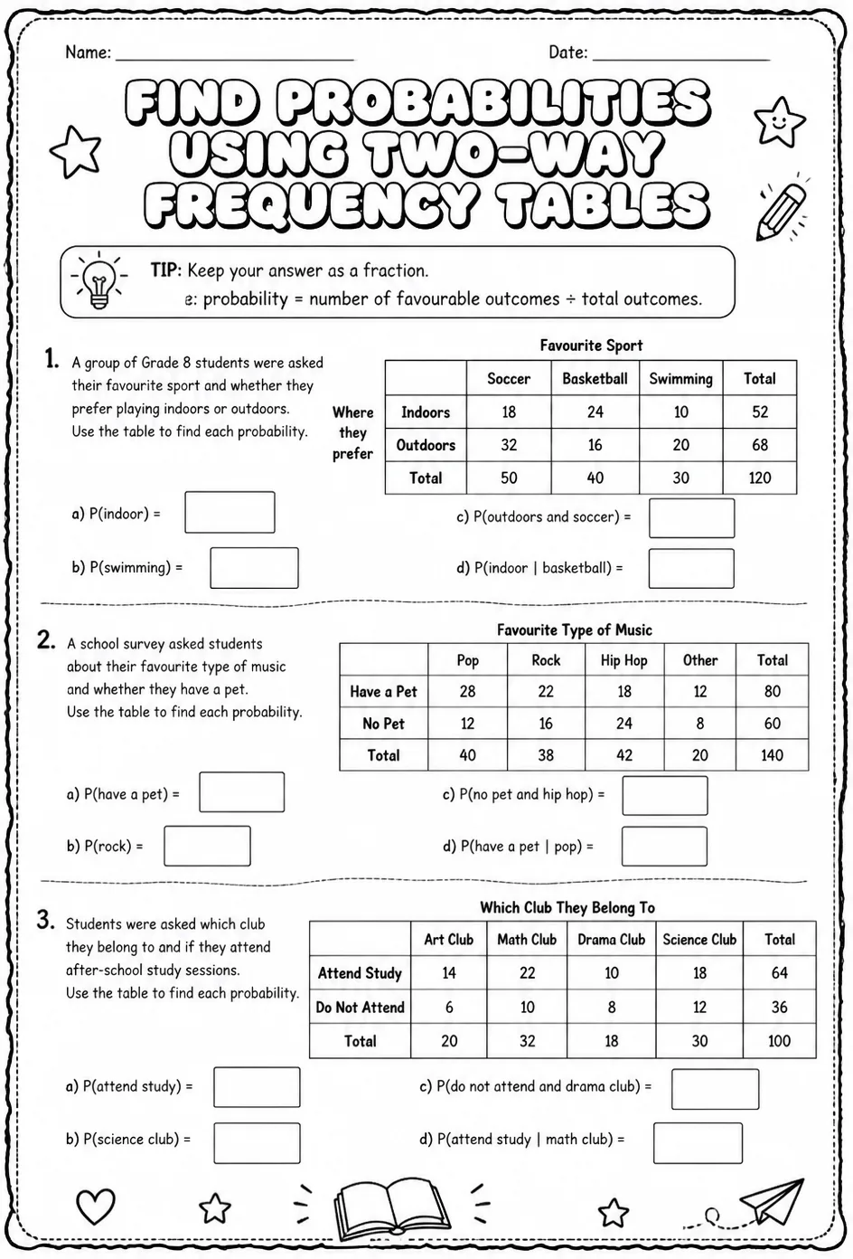 Find probabilities using two-way frequency tables — free printable Grade 8 math worksheet