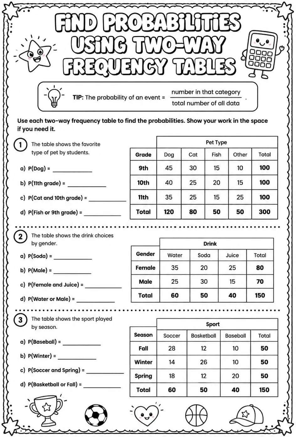 Find probabilities using two-way frequency tables — free printable Precalculus math worksheet