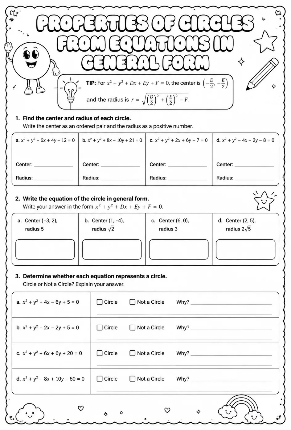 Find properties of circles from equations in general form — free printable Algebra 2 math worksheet