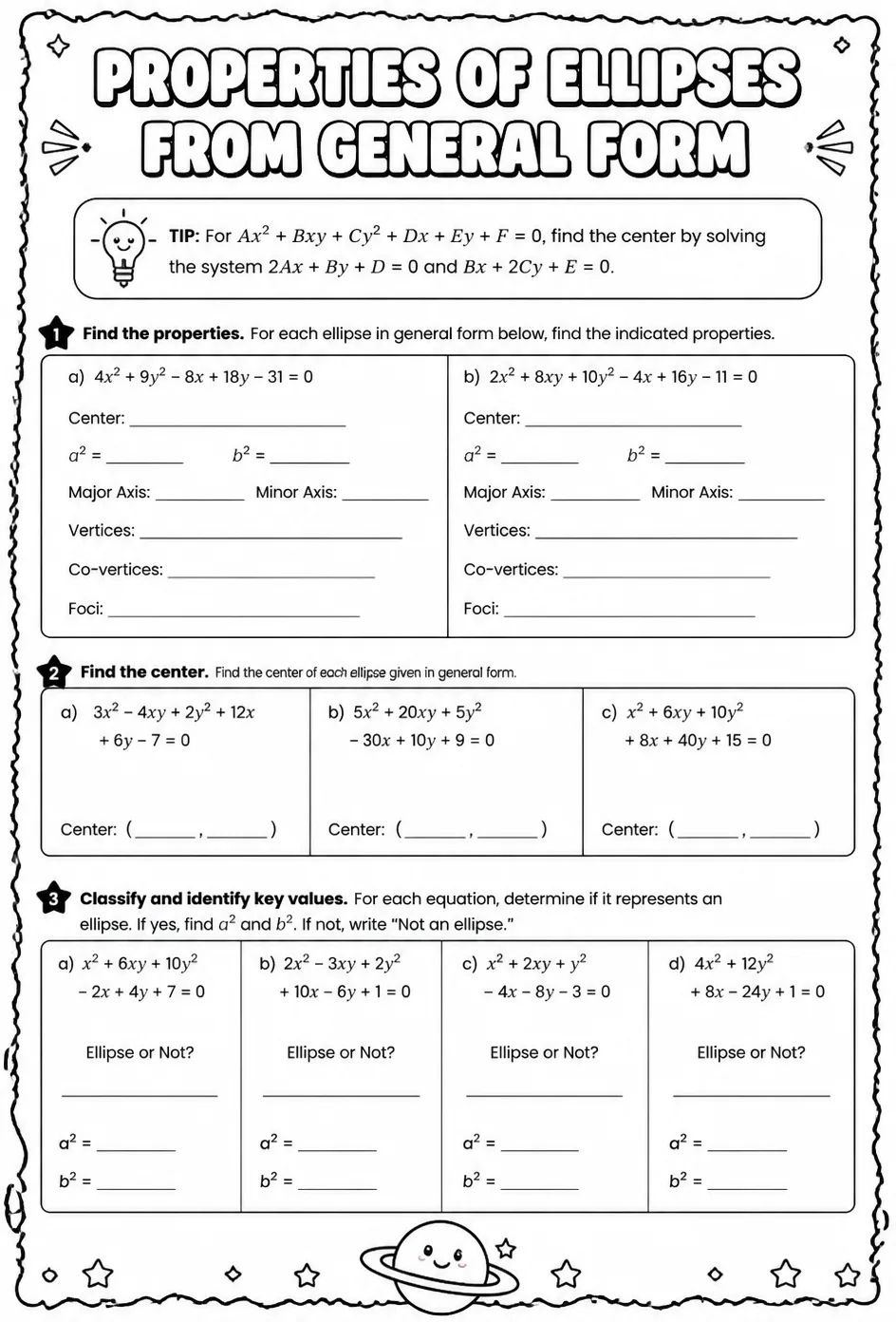 Find properties of ellipses from equations in general form — free printable Algebra 2 math worksheet