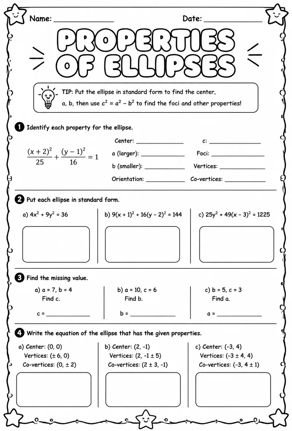 Find properties of ellipses — free printable Precalculus math worksheet