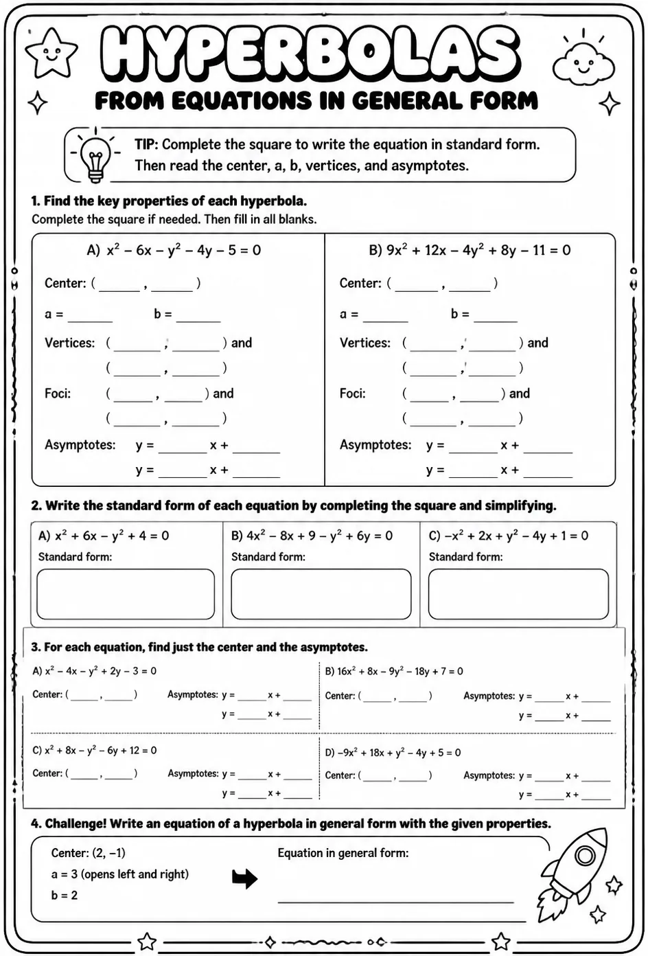 Find properties of hyperbolas from equations in general form