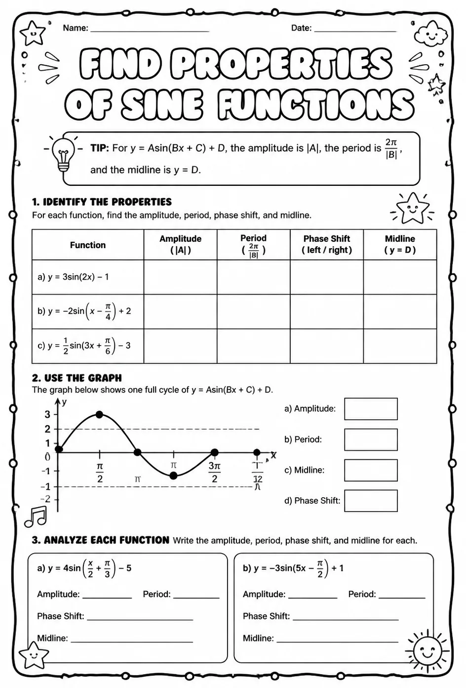 Find properties of sine functions — free printable Precalculus math worksheet