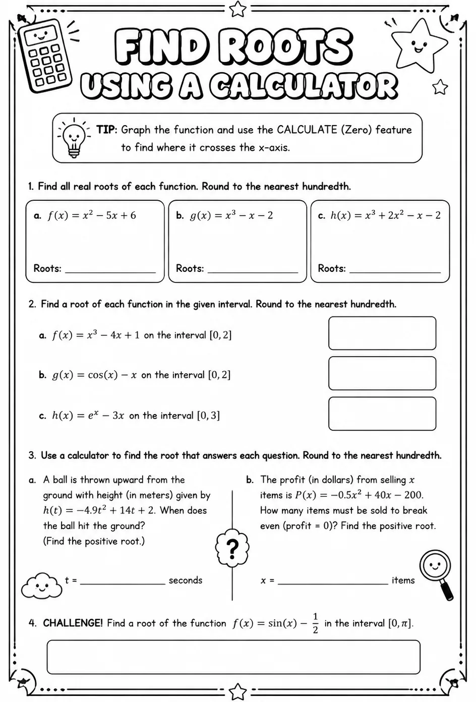 Find roots using a calculator — free printable Algebra 2 math worksheet