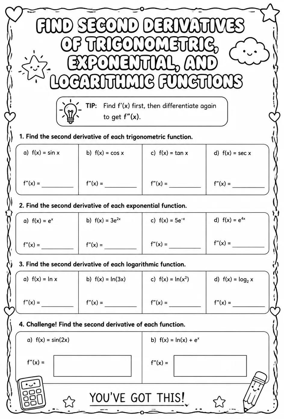 Find second derivatives of trigonometric, exponential, and logarithmic functions — free printable Calculus math worksheet
