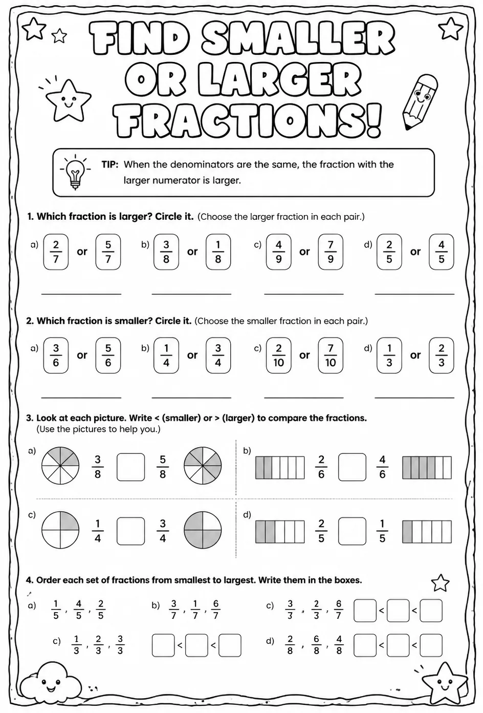 Find smaller or larger fractions — free printable Grade 4 math worksheet