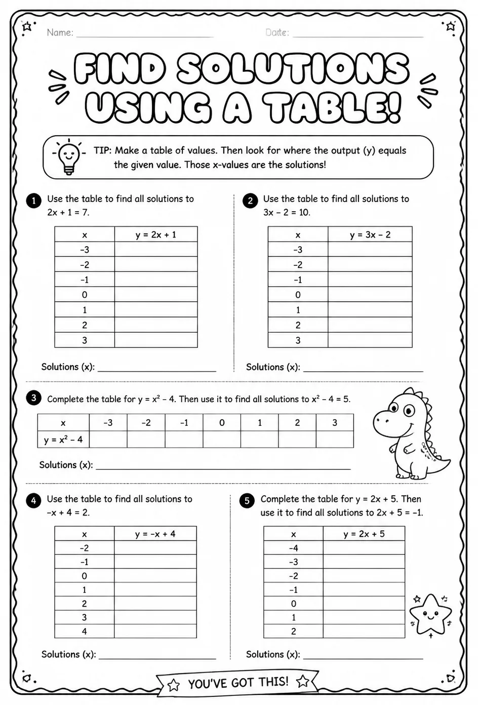 Find solutions using a table — free printable Algebra 1 math worksheet