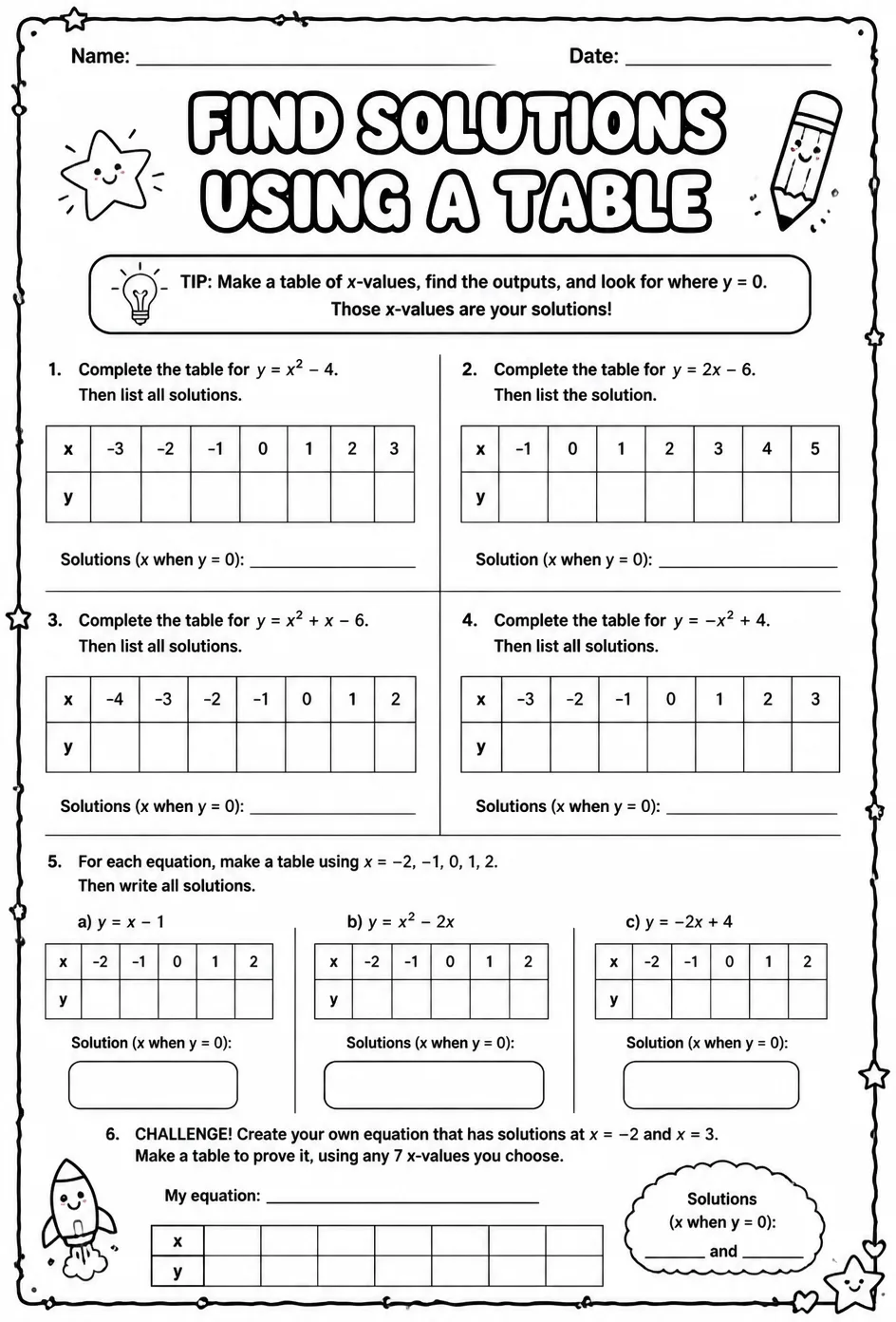 Find solutions using a table — free printable Algebra 2 math worksheet