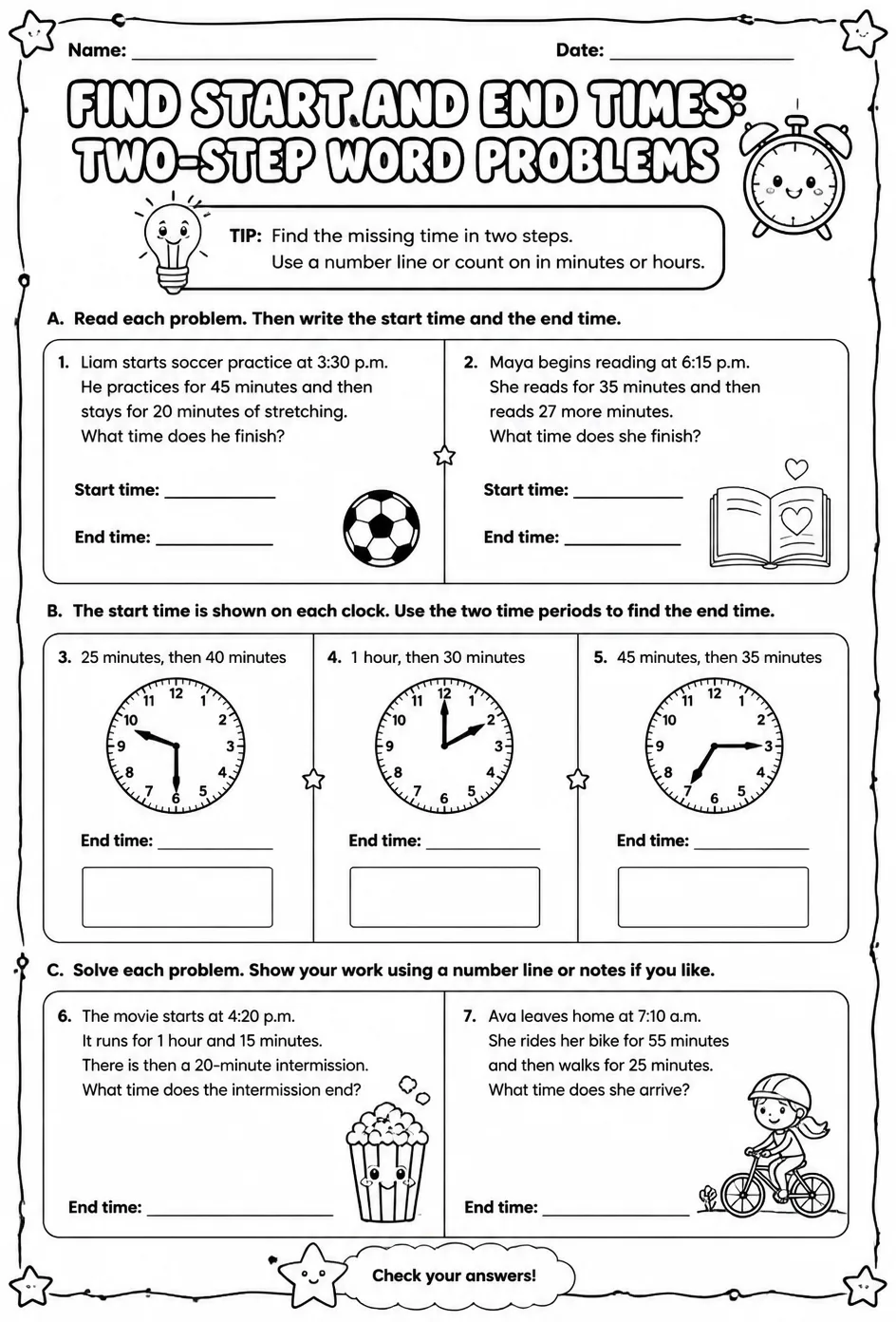 Find start and end times: two-step word problems — free printable Grade 3 math worksheet