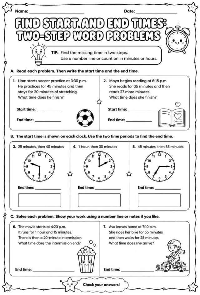 Find start and end times: two-step word problems