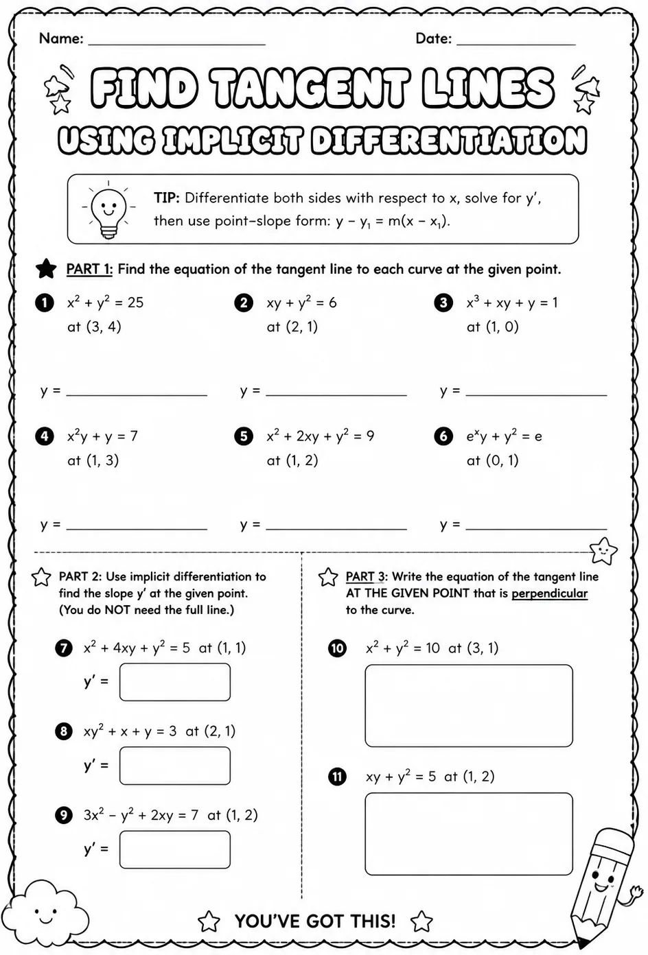 Find tangent lines using implicit differentiation — free printable Calculus math worksheet