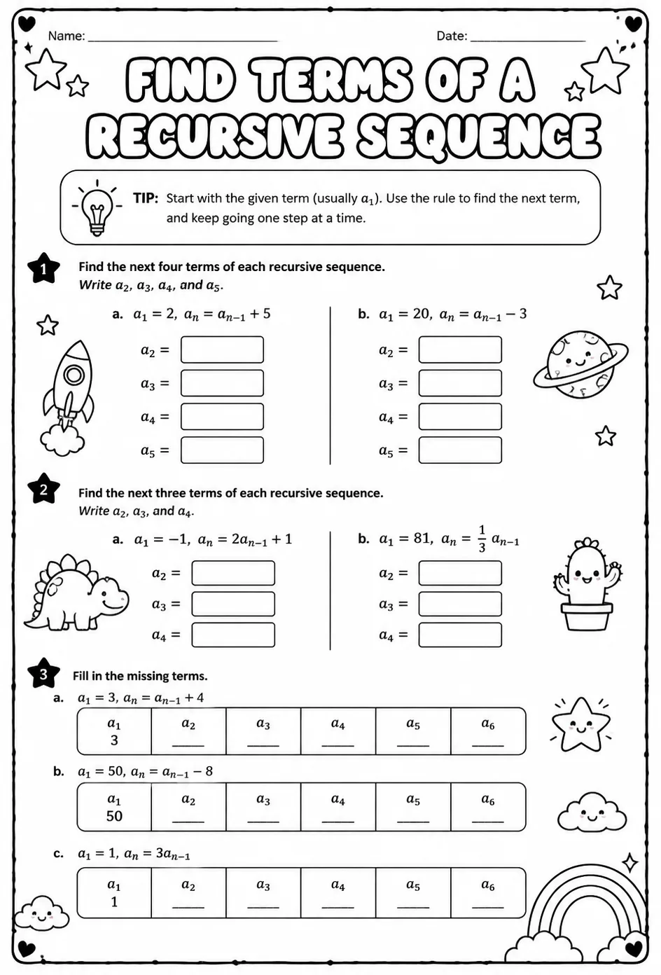 Find terms of a recursive sequence — free printable Precalculus math worksheet