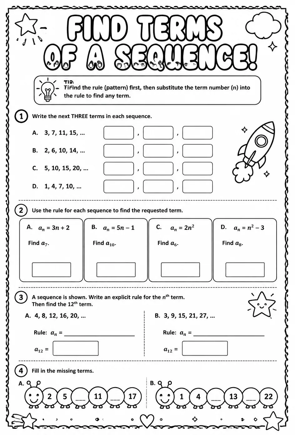 Find terms of a sequence — free printable Precalculus math worksheet