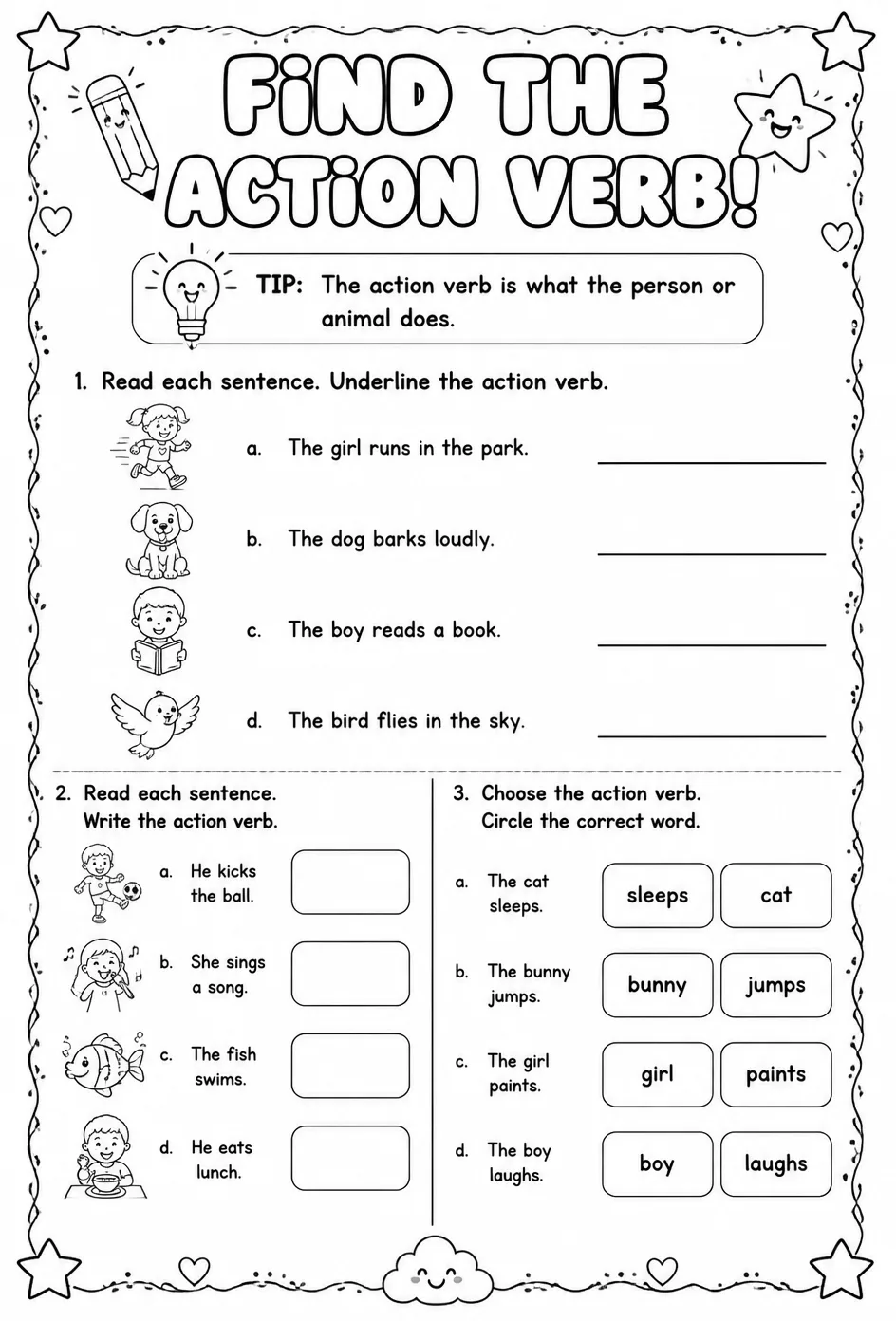 Find the action verb — free printable Kindergarten English & Reading worksheet