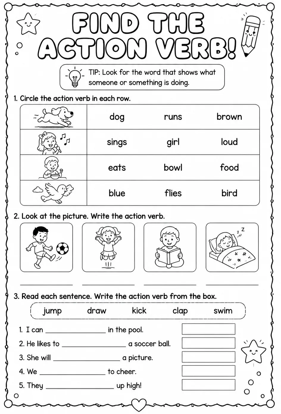 Find the action verb with images — free printable Kindergarten English & Reading worksheet