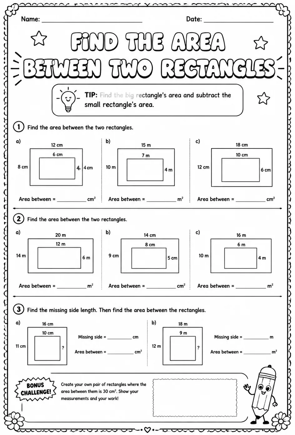 Find the area between two rectangles — free printable Grade 3 math worksheet