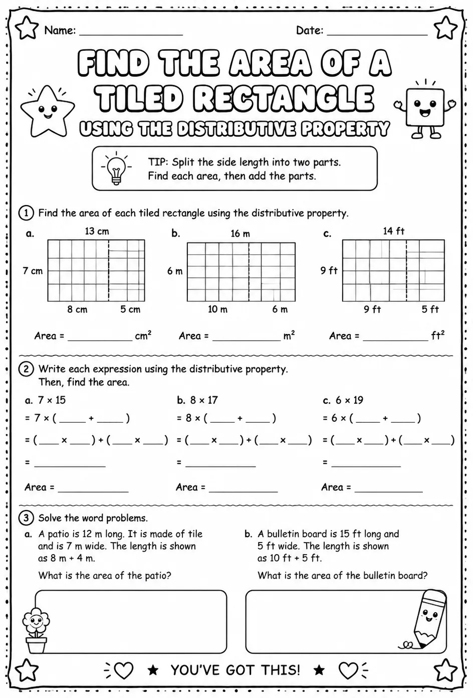 Find the area of a tiled rectangle using the distributive property — free printable Grade 3 math worksheet
