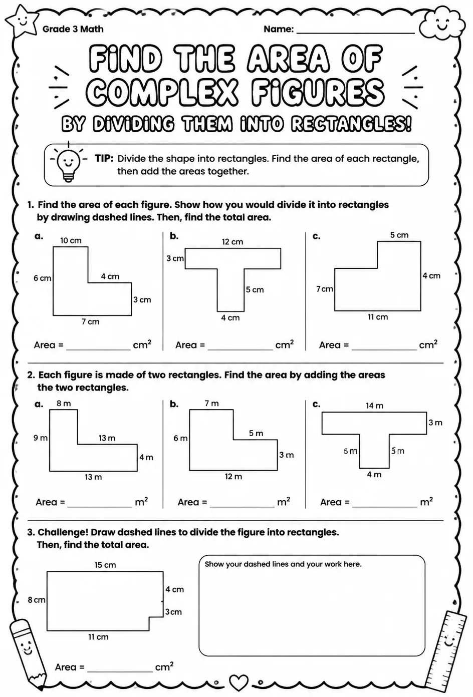 Find the area of complex figures by dividing them into rectangles — free printable Grade 3 math worksheet