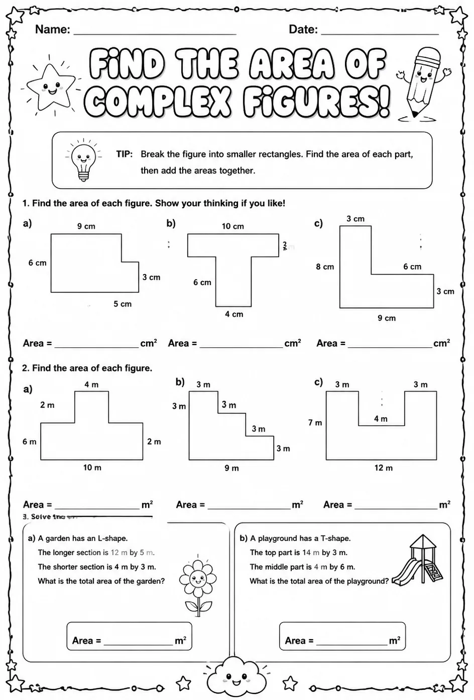 Find the area of complex figures — free printable Grade 3 math worksheet