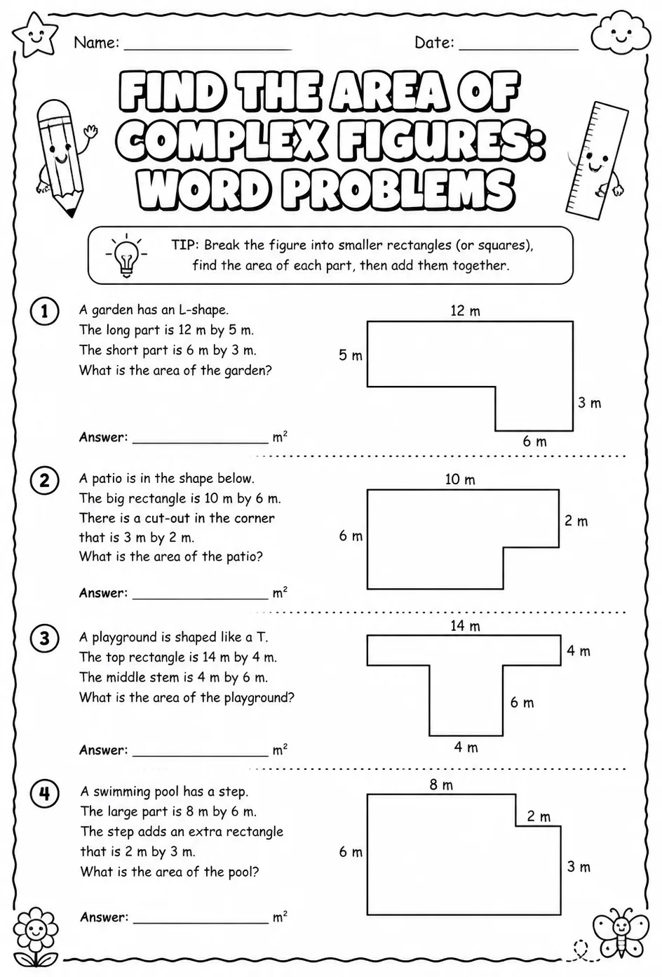 Find the area of complex figures: word problems — free printable Grade 3 math worksheet