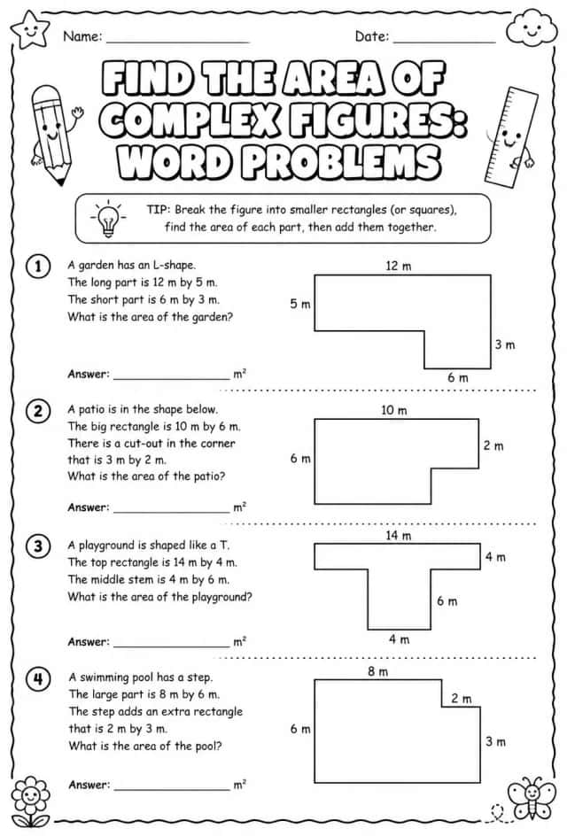 Find the area of complex figures: word problems