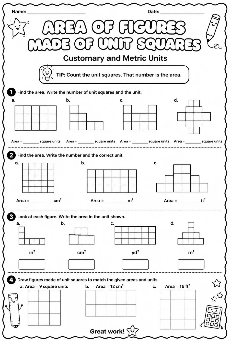 Find the area of figures made of unit squares: customary and metric units — free printable Grade 3 math worksheet