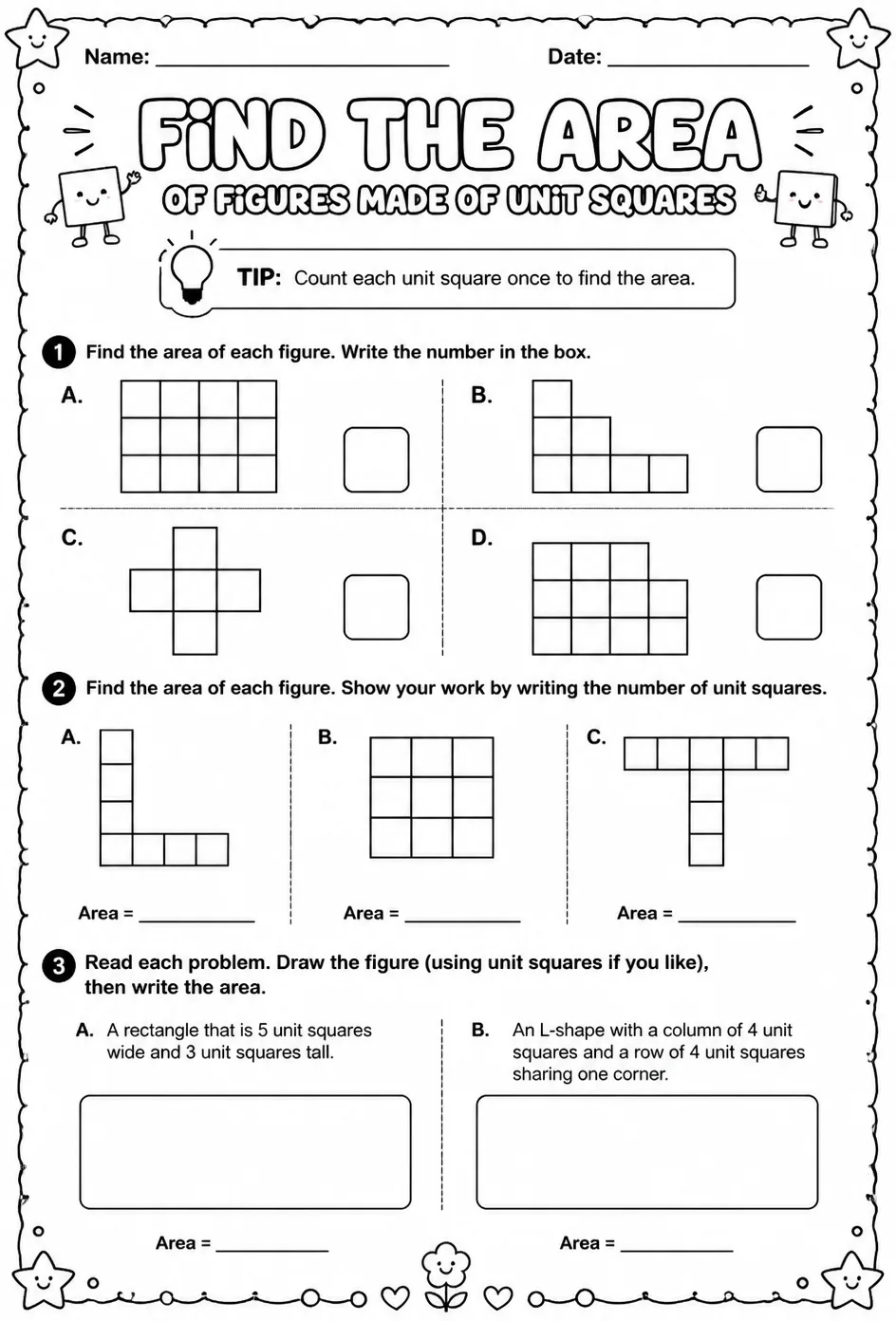 Find the area of figures made of unit squares
