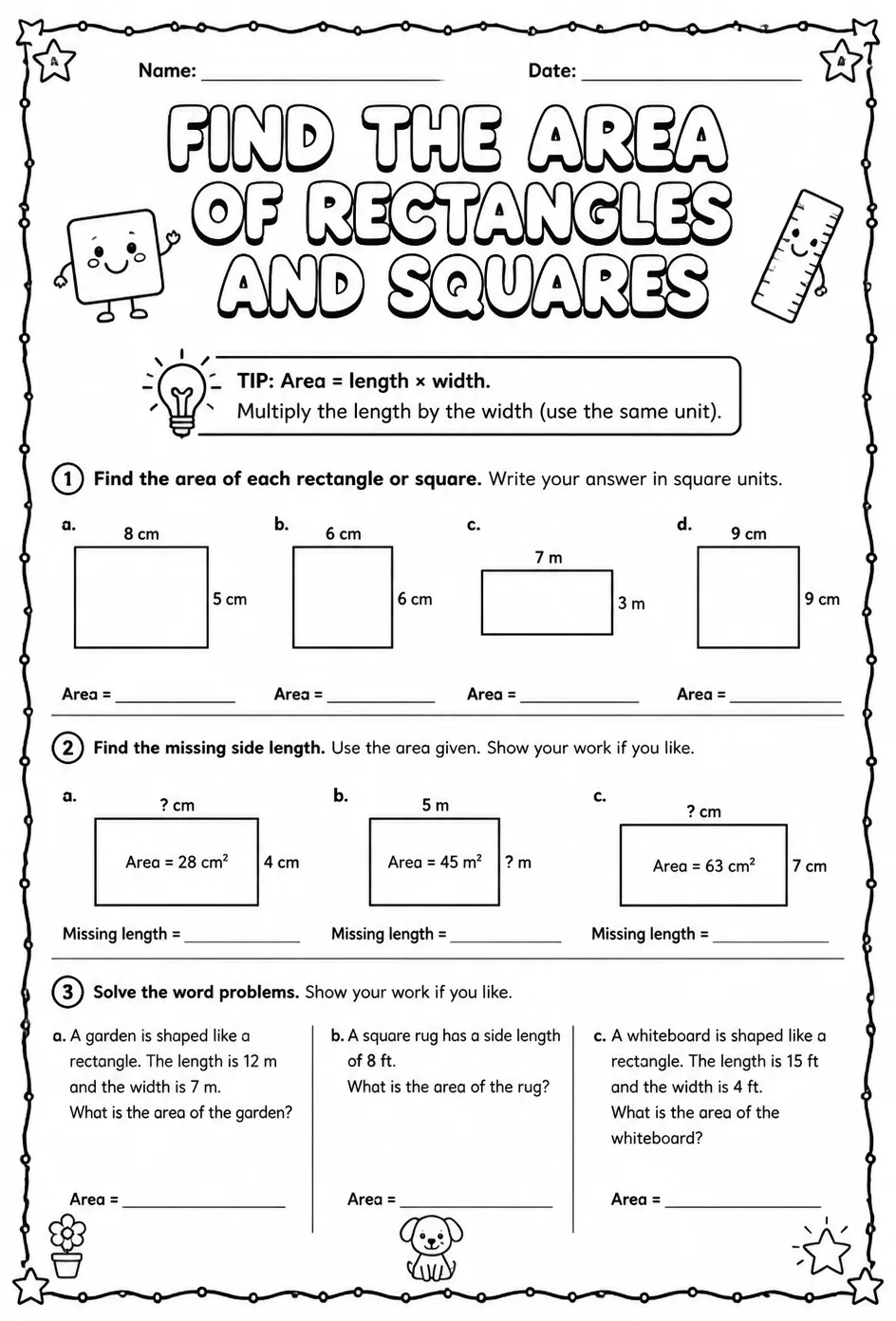 Find the area of rectangles and squares — free printable Grade 3 math worksheet