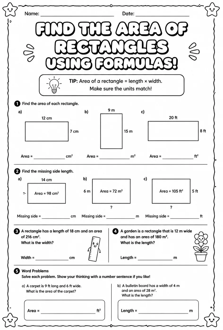 Find the area of rectangles using formulas — free printable Grade 4 math worksheet
