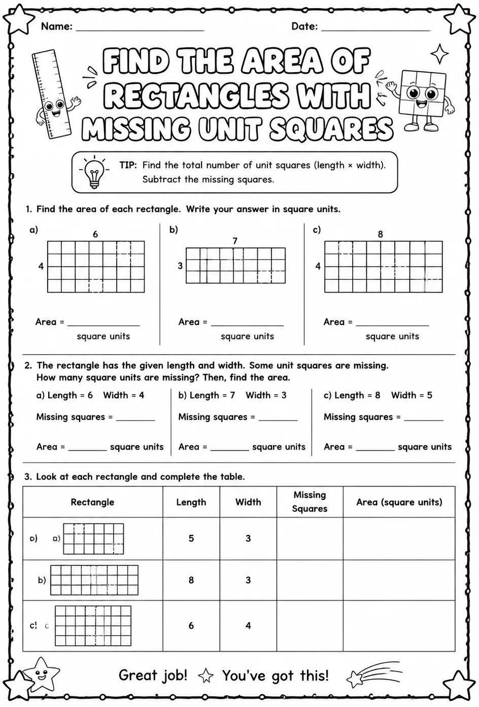Find the area of rectangles with missing unit squares — free printable Grade 3 math worksheet