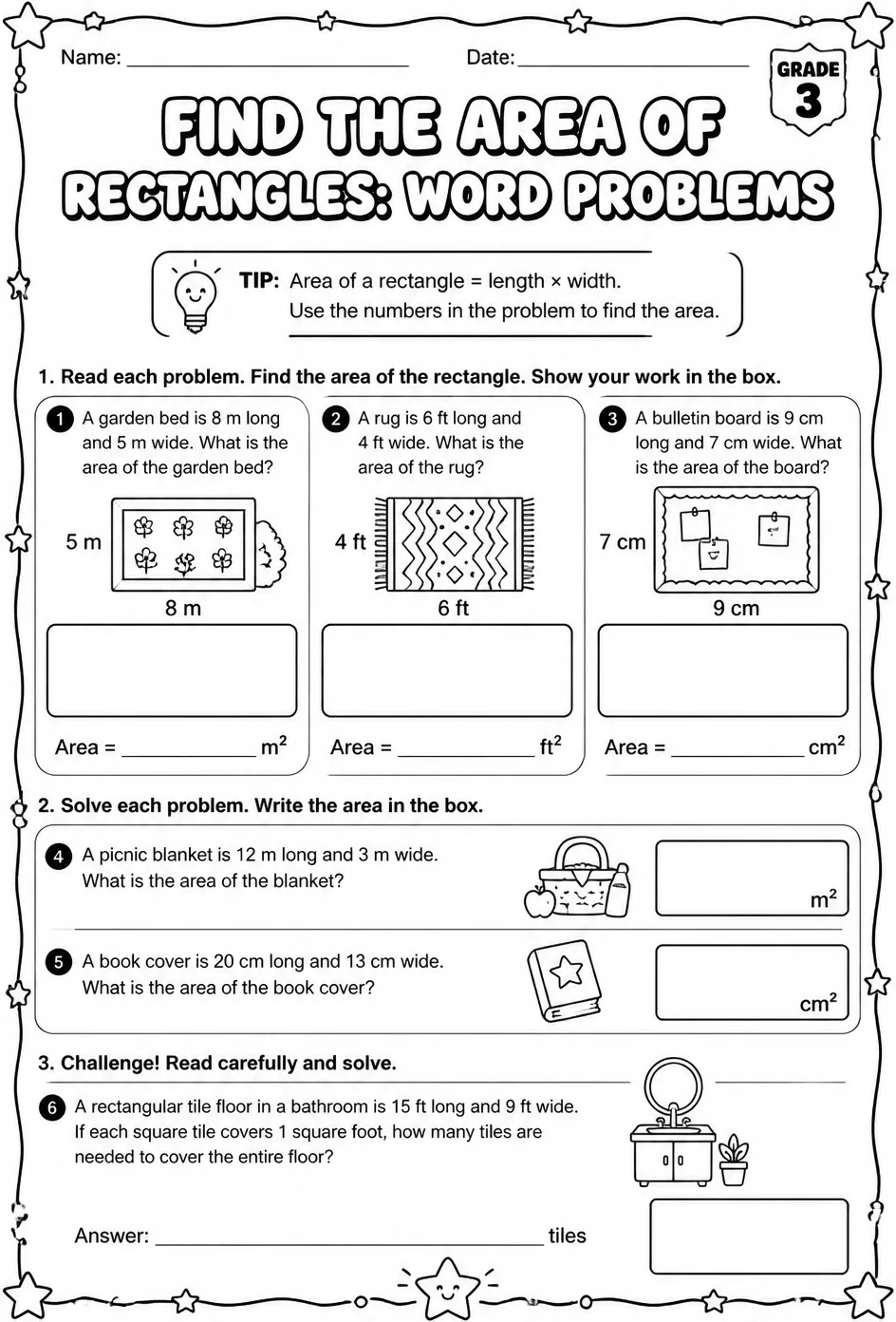 Find the area of rectangles: word problems — free printable Grade 3 math worksheet